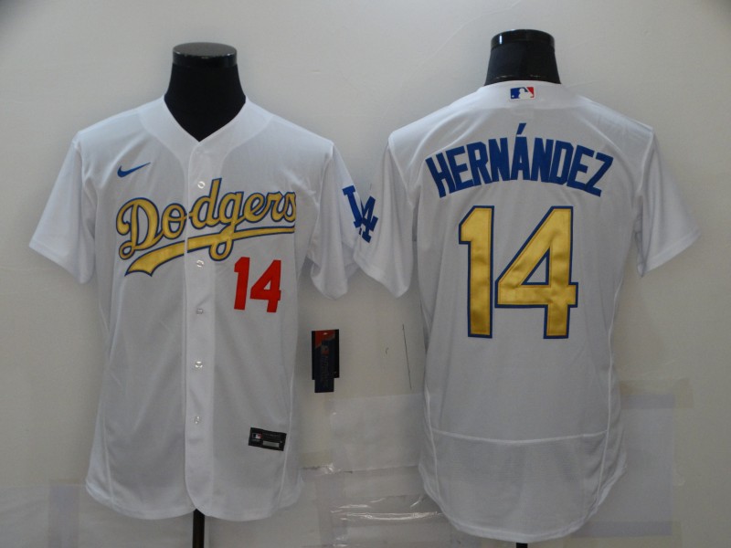 Men's Los Angeles Dodgers #14 Kiké Hernández White Gold 2021 Stitched Jersey